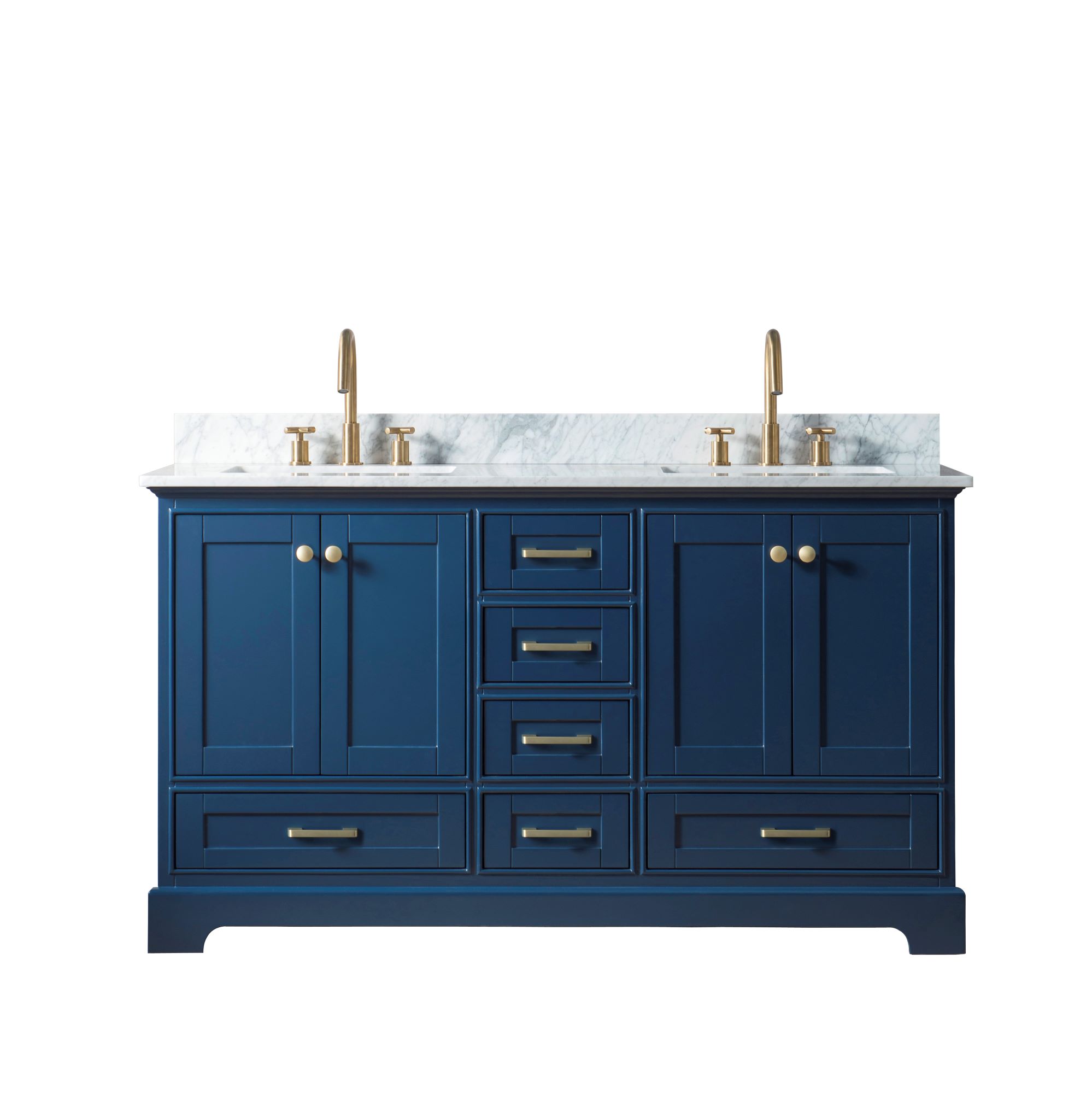 60" Double Sink Bathroom Vanity in Blue Finish with Carrara White Marble Top
