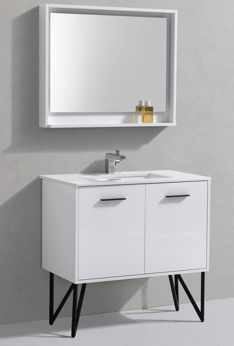 Modern Lux 36" High Gloss White Bathroom Vanity w/ Quartz Countertop and Matching Mirror