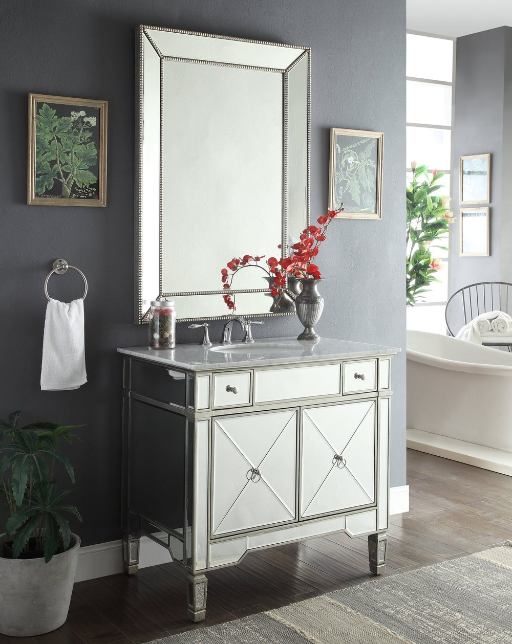 36 inch Adelina Mirrored Silver Bathroom Vanity White Carrara Marble Top