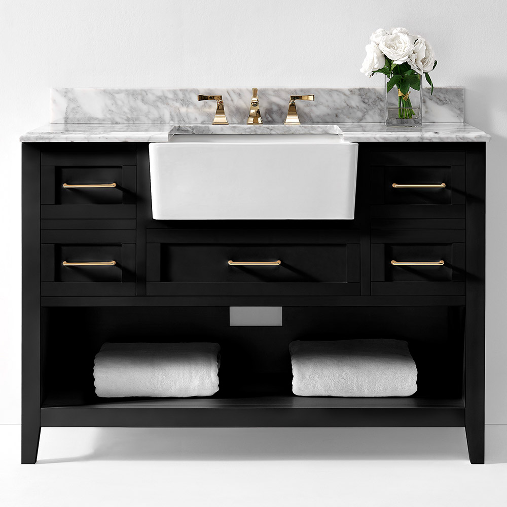 48" Bath Vanity Set in Black Onyx with Italian Carrara White Marble Vanity Top and White Farmhouse Apron Basin