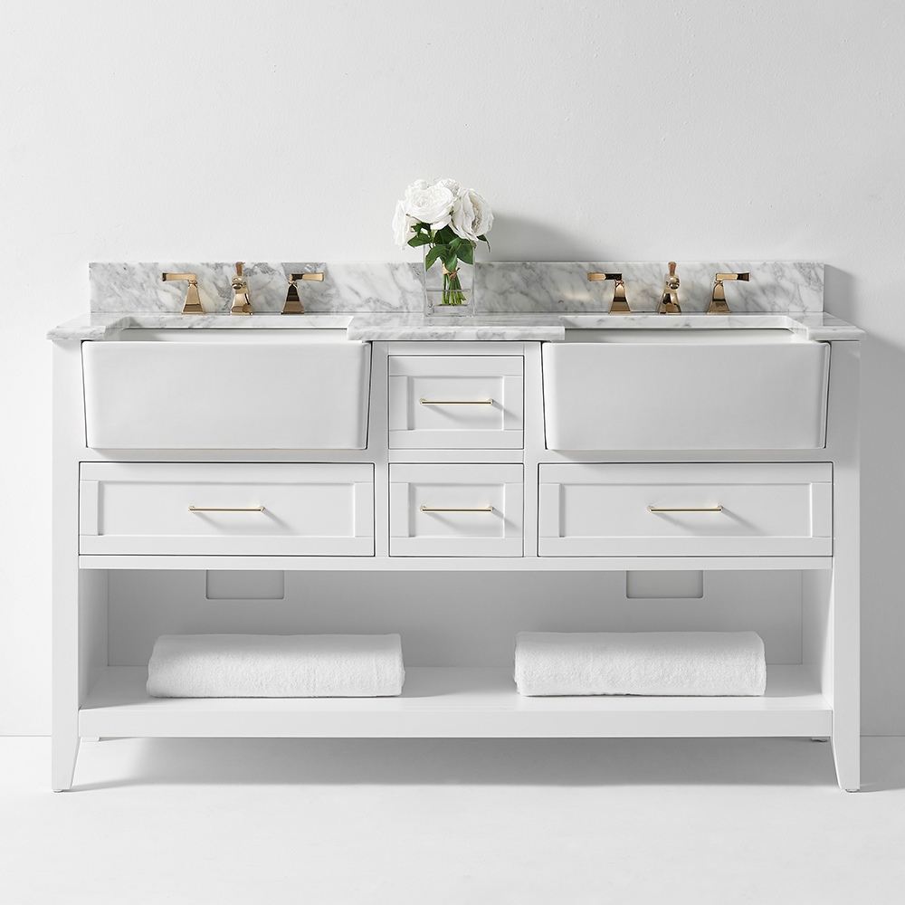 60" Bath Vanity Set in White with Italian Carrara White Marble Vanity Top and White Farmhouse Apron Basin