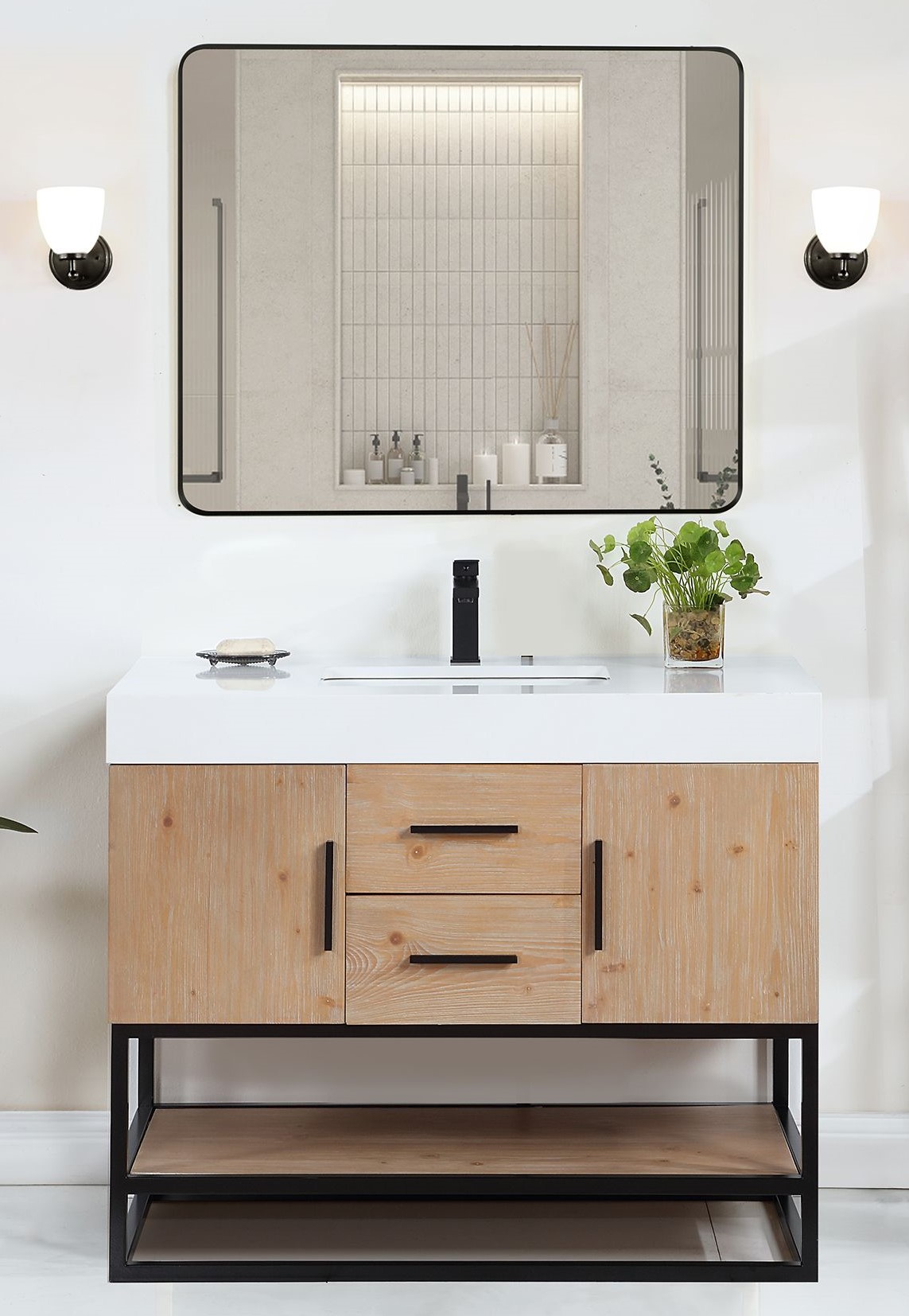 Issac Edwards 42" Single Bathroom Vanity in Light Brown with Matte Black Support Base and White Composite Stone Countertop with Mirror