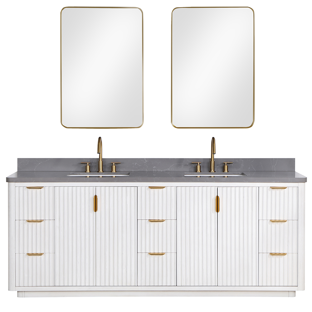 84in. Free-standing Double Bathroom Vanity in Fir Wood White with Composite top in ReticulatedGrey