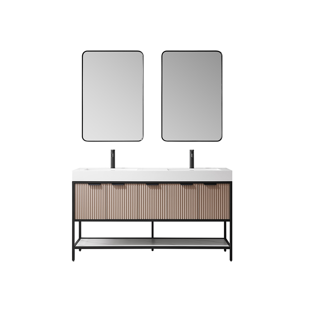 60" Double Sink Bath Vanity in Almond Coffee with One-Piece Composite Stone Sink Top