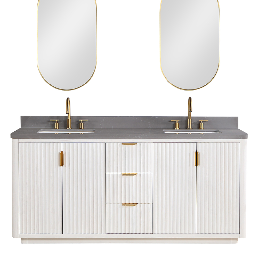 72in. Free-standing Double Bathroom Vanity in Fir Wood White with Composite top in ReticulatedGrey