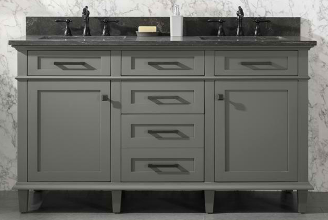 60" Double Sink Vanity Cabinet Pewter Green Finish with Blue Limestone Top