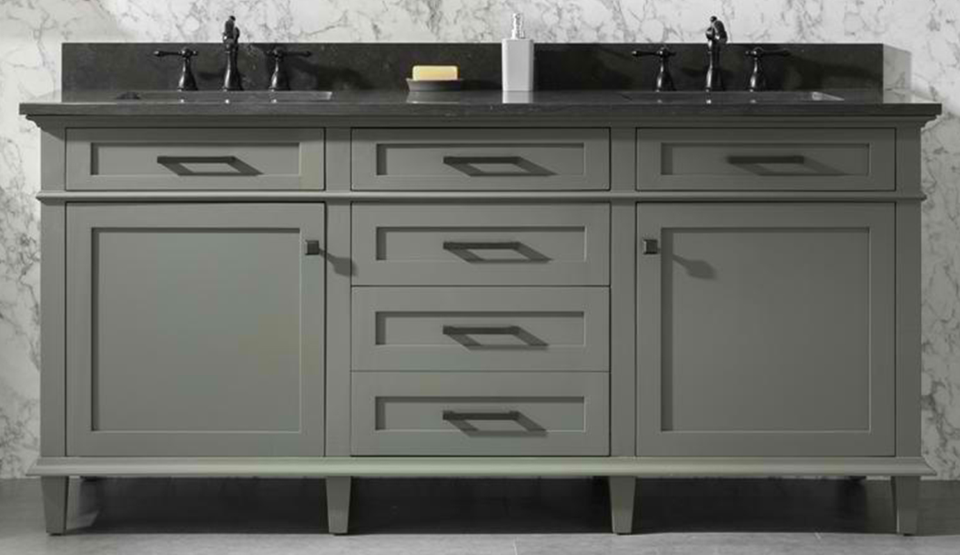 72" Double Sink Vanity Cabinet Pewter Green Finish with Blue LimestoneTop