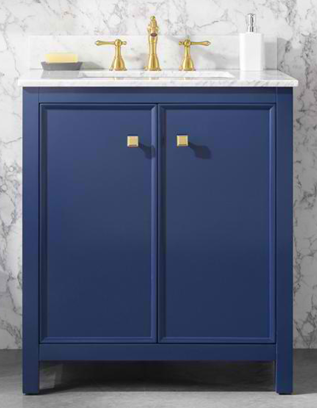 30" Blue Finish Sink Vanity Cabinet with Carrara White Top and Color Options