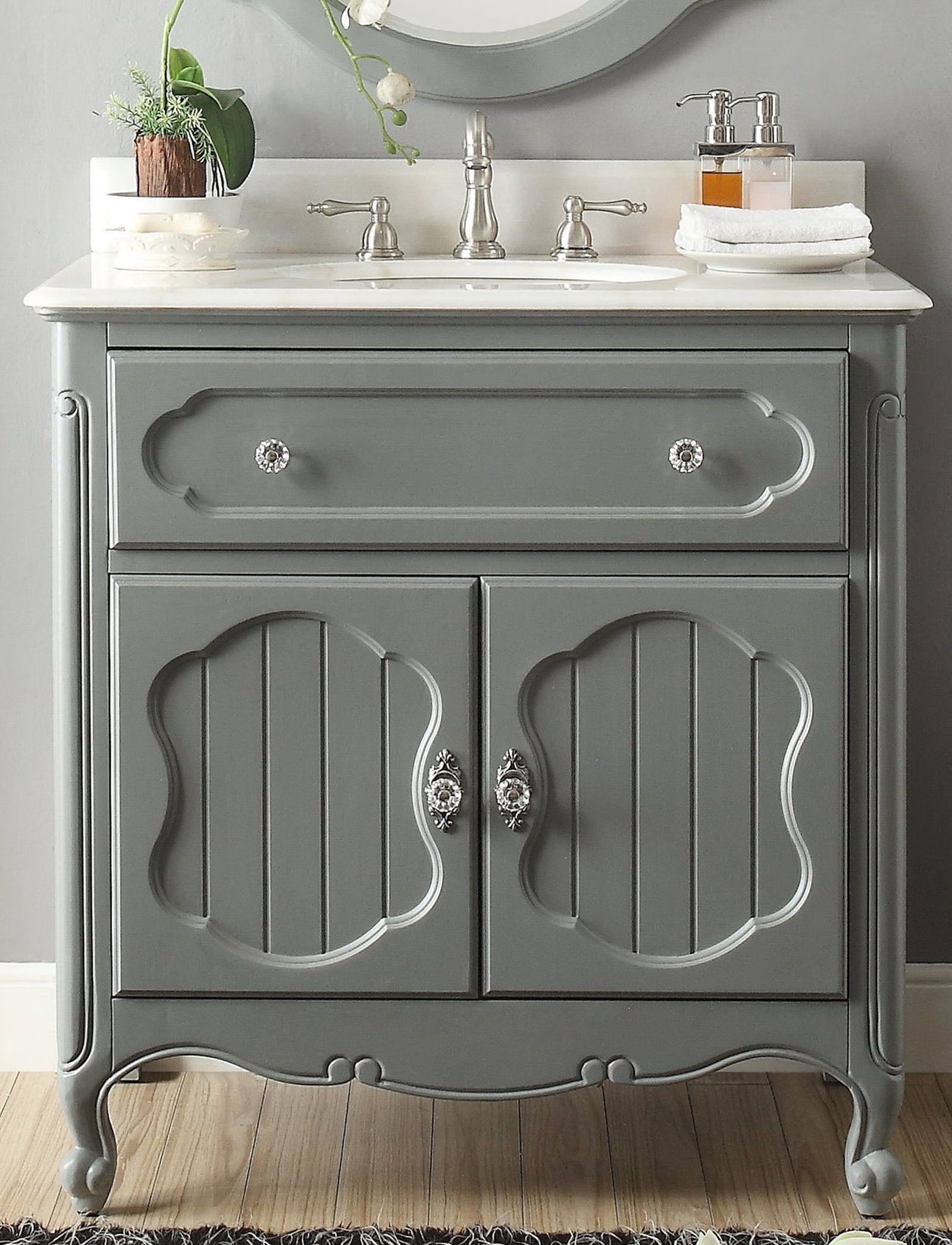 34” Single Sink Victorian Cottage Style Bathroom Vanity Vintage Grey Finish with White Marble Counter Top