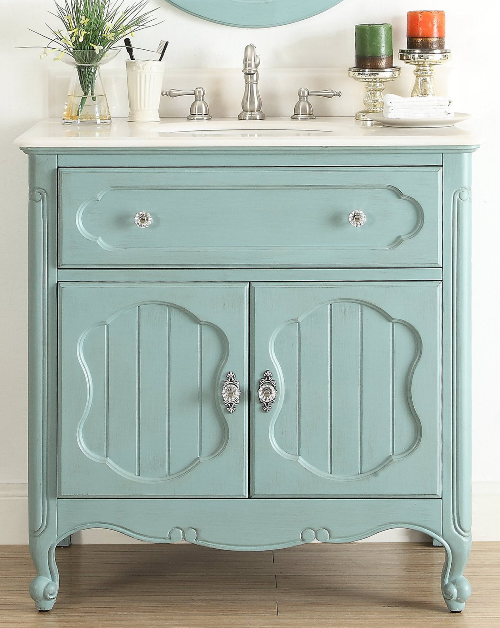 34” Single Sink Victorian Cottage Style Bathroom Vanity Vintage Blue Finish with White Marble Counter Top