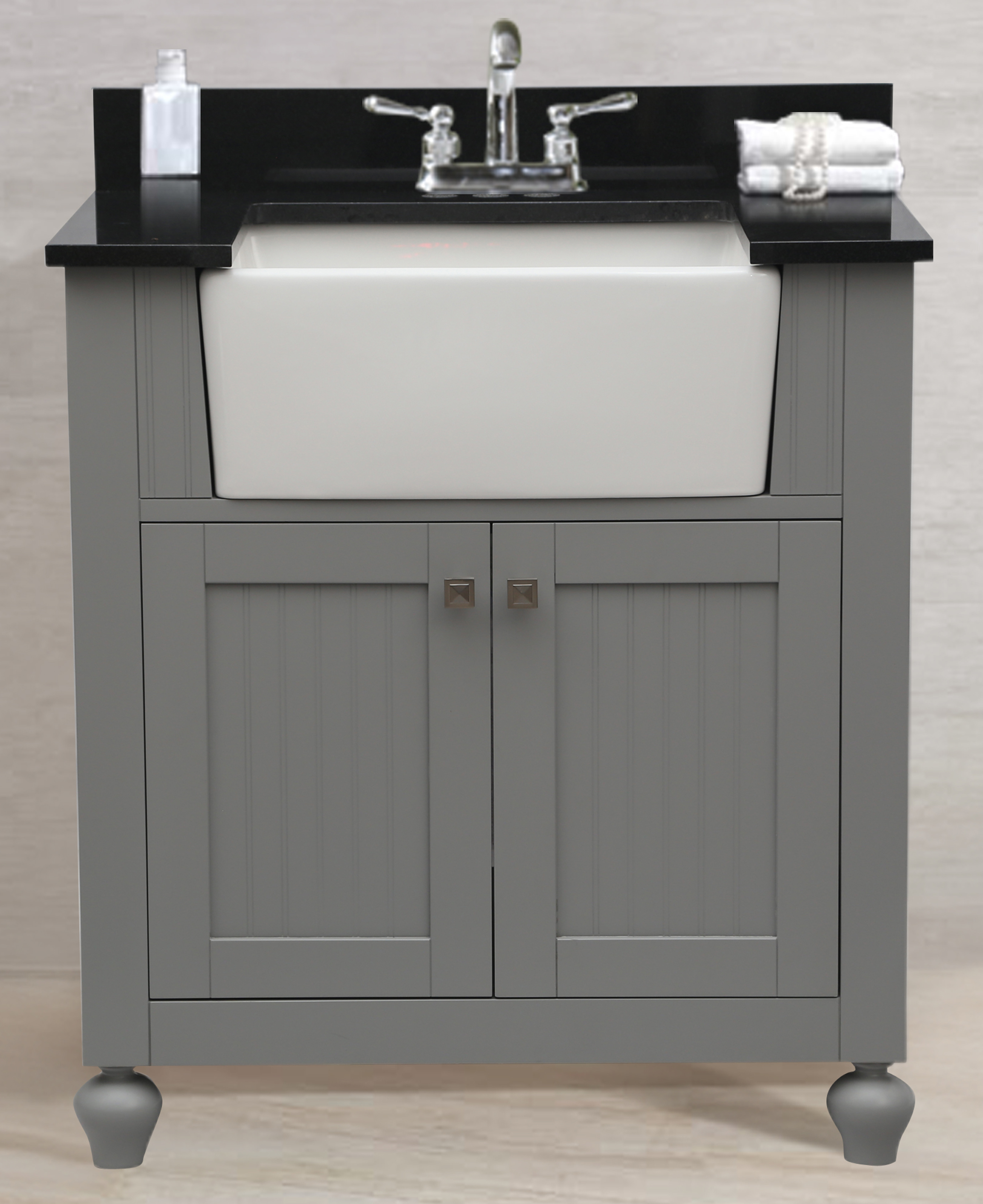 30" Gray Finish Single Sink Vanity Cabinet with Black Granite Top