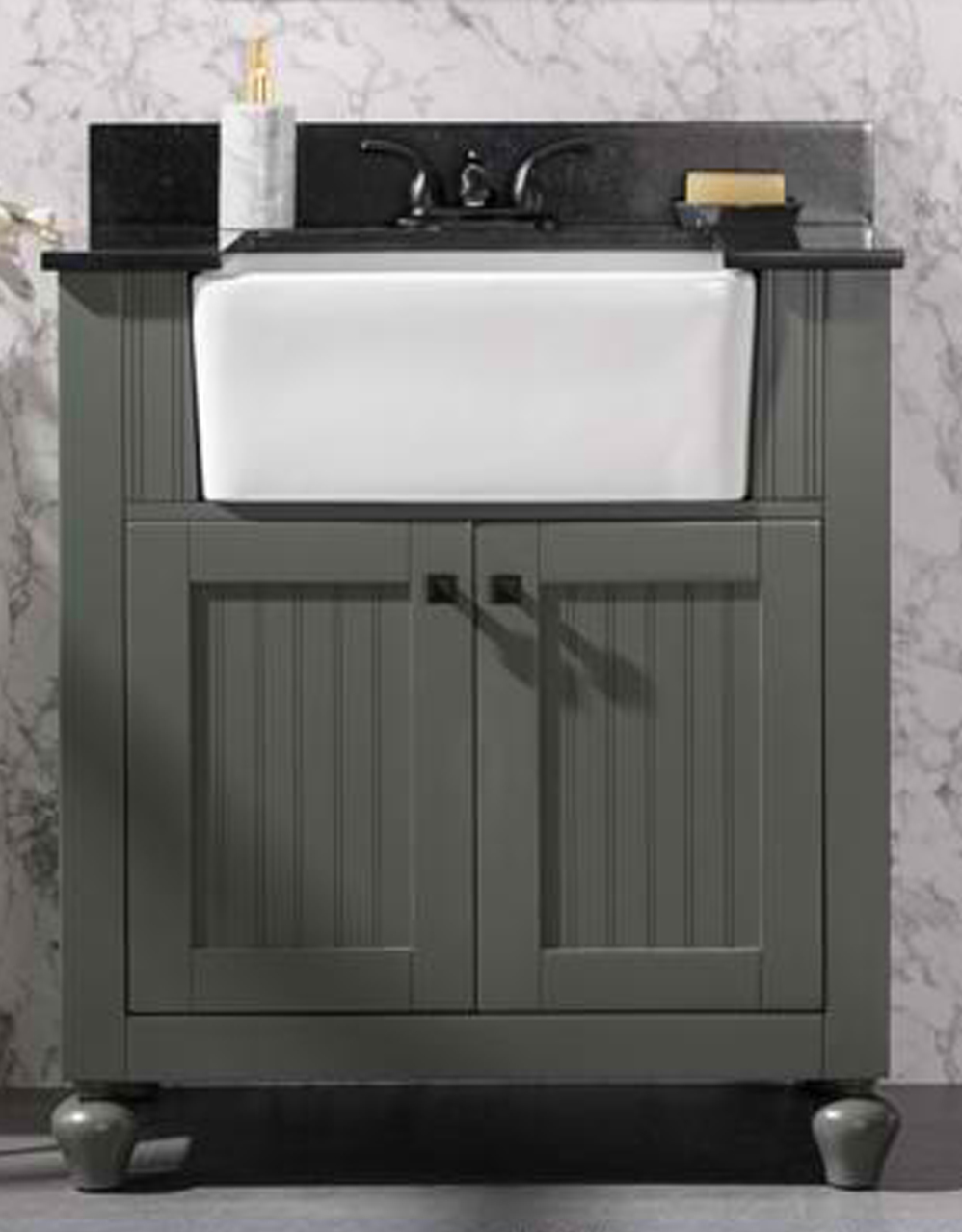 30" Pewter Green Finish Single Sink Vanity Cabinet with Black Granite Top