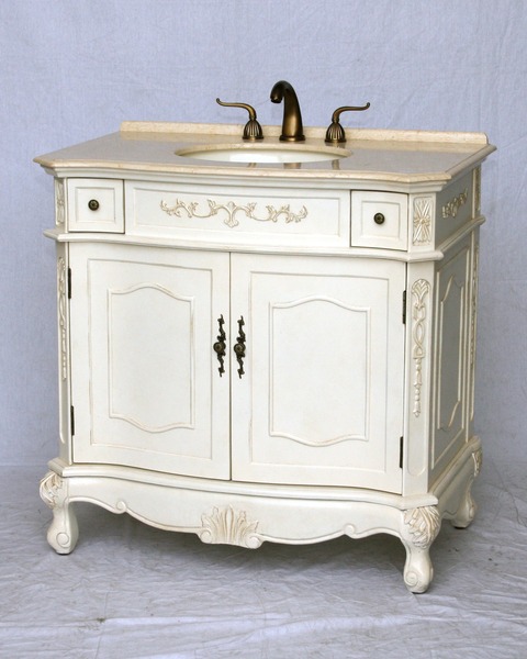 36" Adelina Antique Style Single Sink Bathroom Vanity in Antique White Finish with Beige Stone Countertop