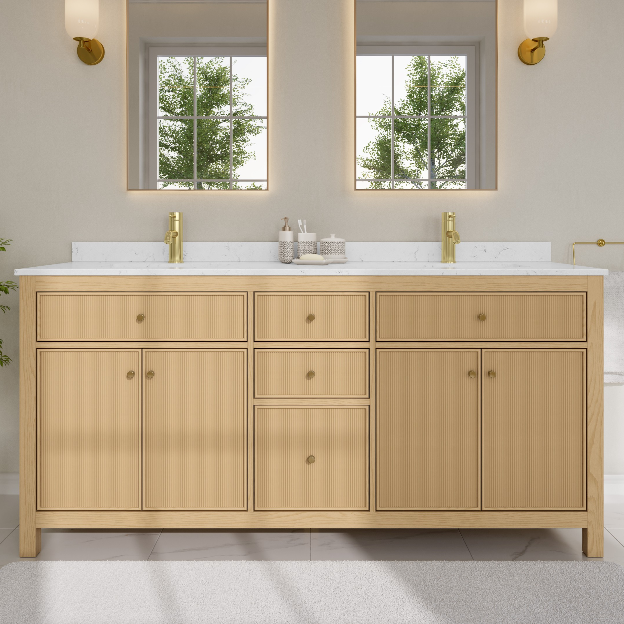 72 Inch Double Bathroom Vanity in Tanned Oak, Brushed Nickel Trim with 3 Hardware Options and Countertop Options