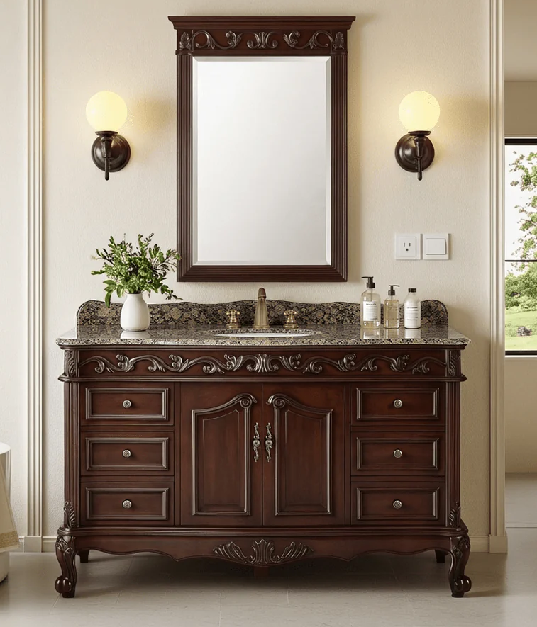 Adelina 56" Traditional Style Cherry Brown Bathroom Sink Vanity with Baltic Brown Top, with Backsplash and Mirror Option 