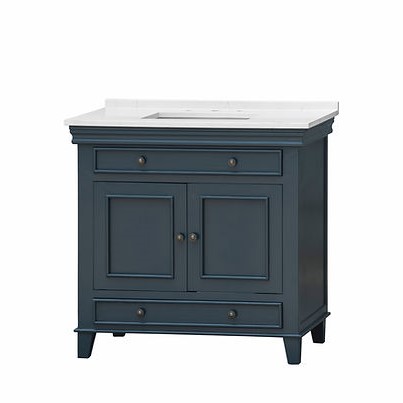 36" Single Sink Vanity in Navy Blue Paint Finish with White Quartz Top with Grey Veining