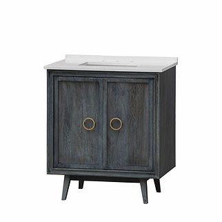 32" Single Sink Vanity in Mango Wood with Dark Finish with White Quartz Top and Grey Veining