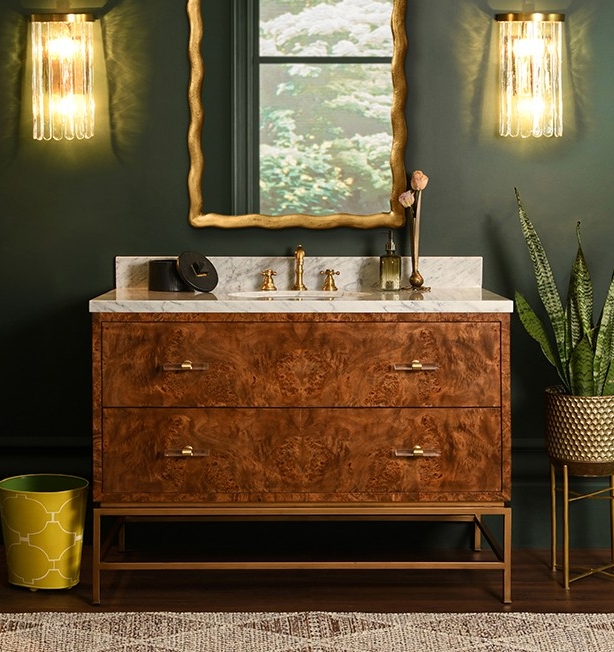 Issac Edwards 48" Bath Vanity in Matte Dark Burl Wood and Antique Brass with White Marble Top and Porcelain Sink Issac Edwards 48" Bath Vanity in Matte Dark Burl Wood and Antique Brass with White Marble Top and Porcelain Sink