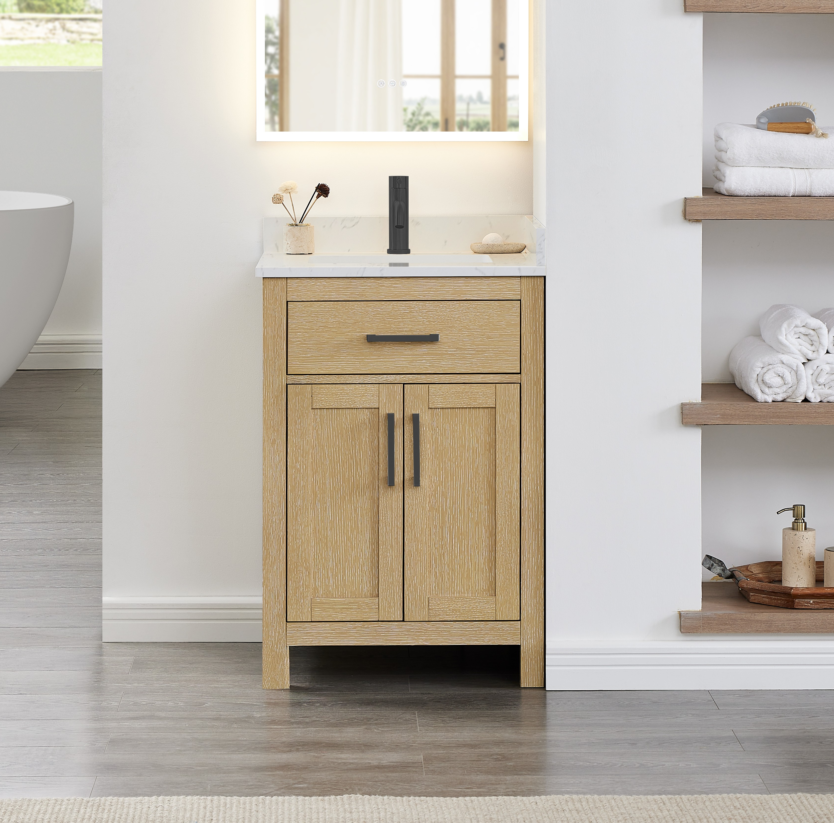 24 Inch Single Bathroom Vanity in Whitewashed Oak, Matte Black Trim with 3 Hardware Options and Countertop Options