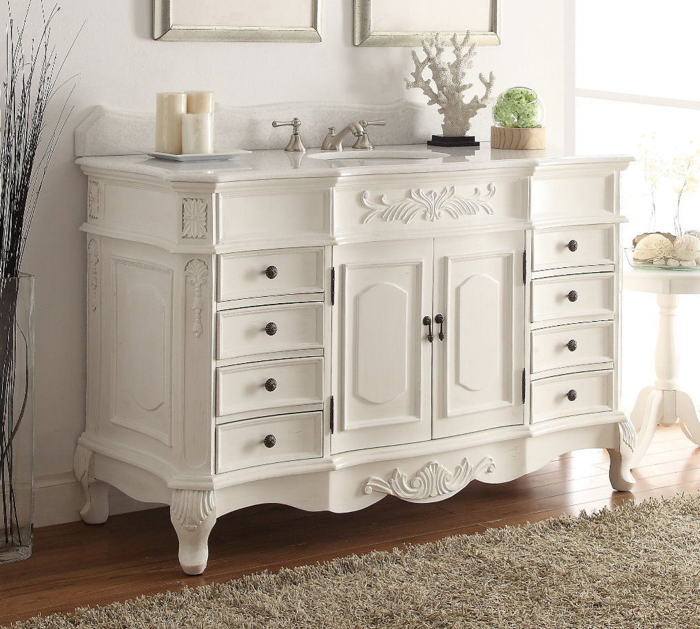 Adelina 56 inch Old Antique White Bathroom Vanity Sink, White Marble Top