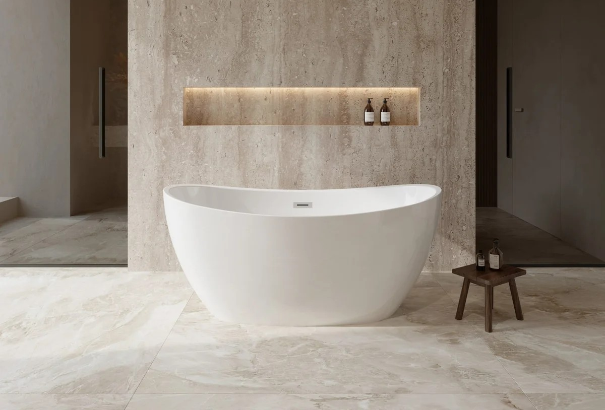 Modern Fitting 60 Inch Freestanding Bathtub in White with Floor Mounted Faucet, Drain and Overflow Trim Options and Hardware Options