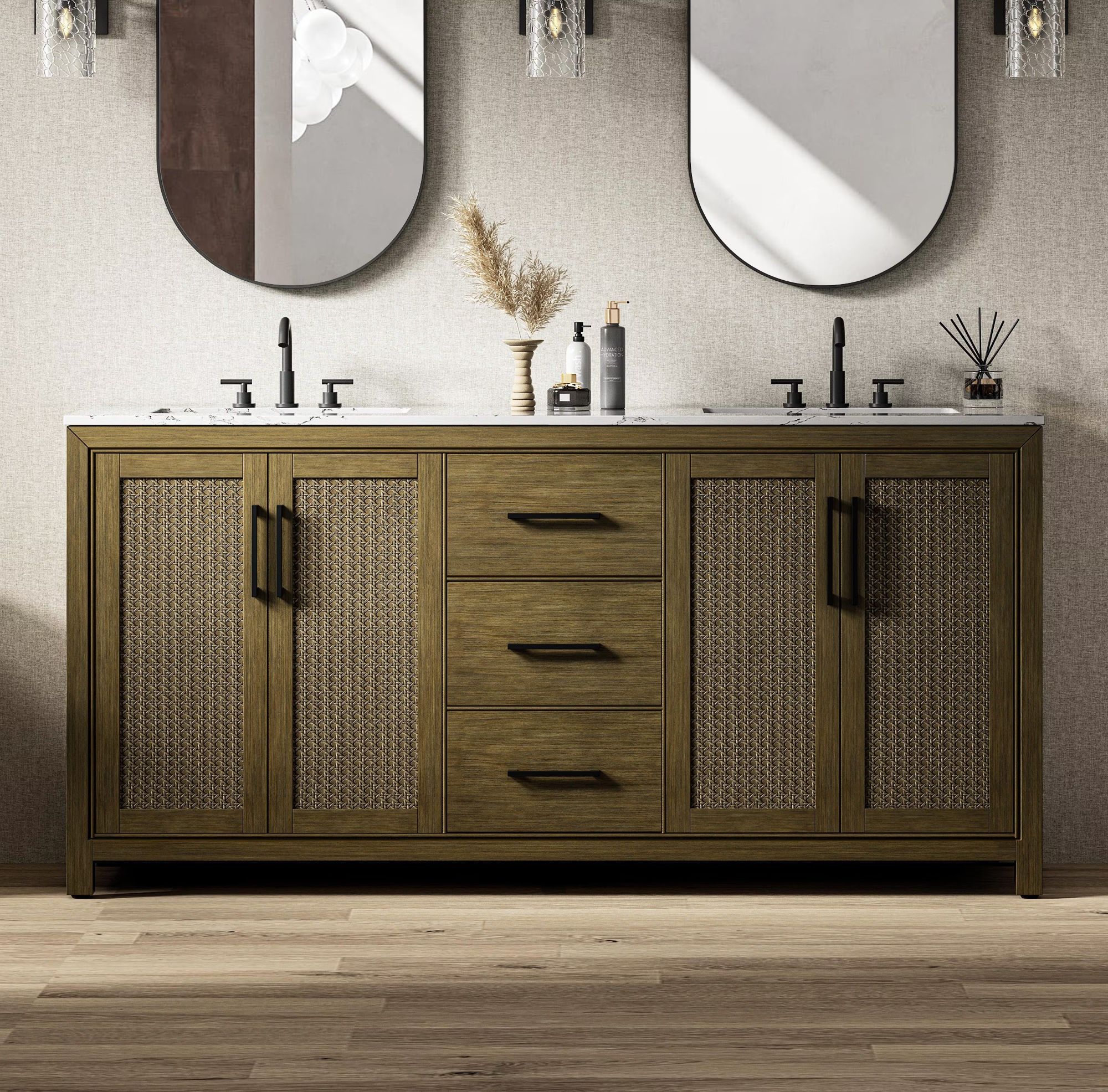 Modern Fitting 72  Inch Double Bathroom Vanity In Hazel Oak with 4 Finish Options