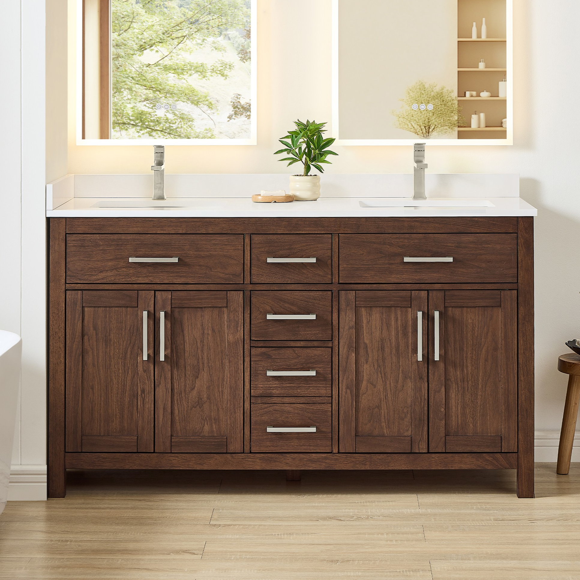 60 Inch Double Bathroom Vanity in Dark Walnut, Brushed Nickel Trim with 3 Hardware Options and Countertop Options