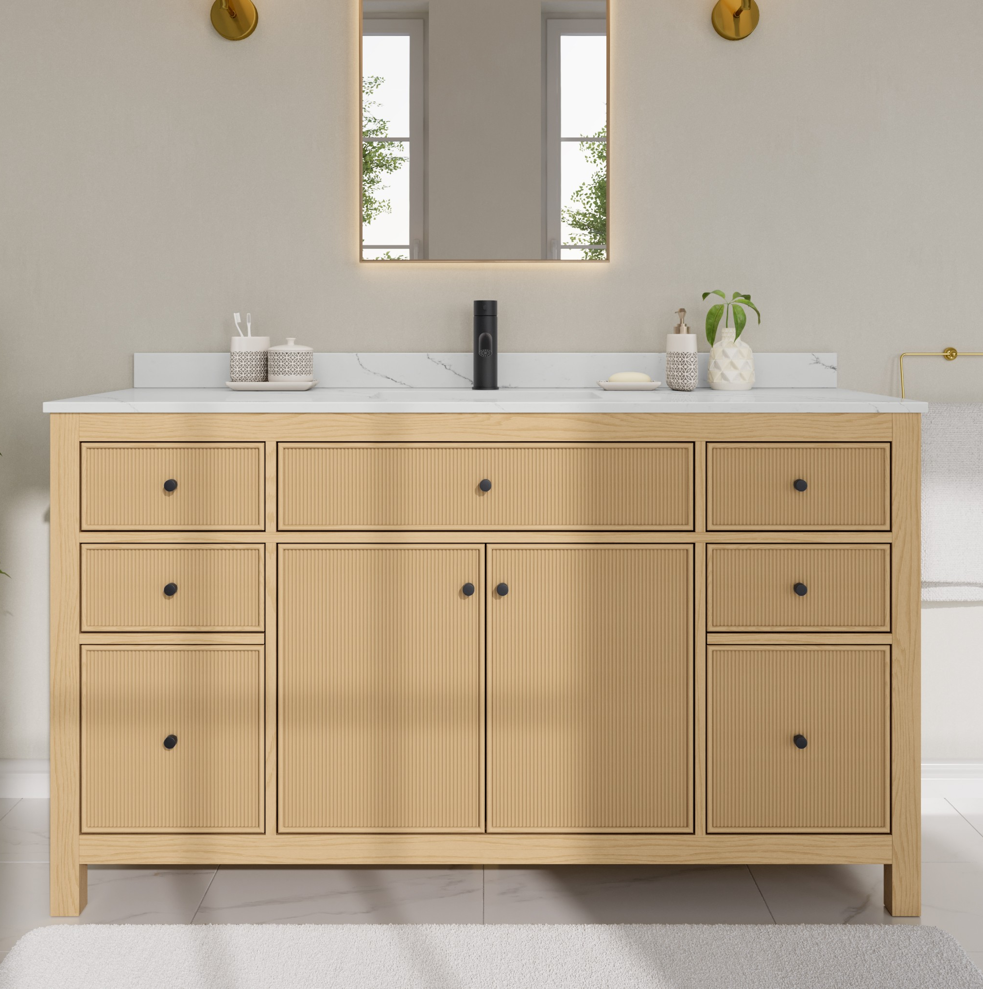 60 Inch Single Bathroom Vanity in Tanned Oak, Matte Black Trim with 3 Hardware Options and Countertop Options