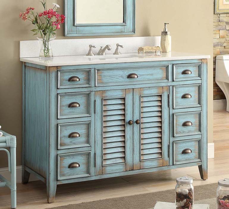 46" Distressed Blue Single Bathroom Vanity with White Marble Counter Top