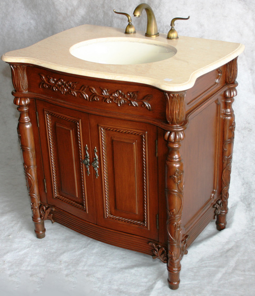 32" Adelina Antique Style Single Sink Bathroom Vanity in Cherry Finish with Beige Stone Countertop and Oval Bone Porcelain Sink