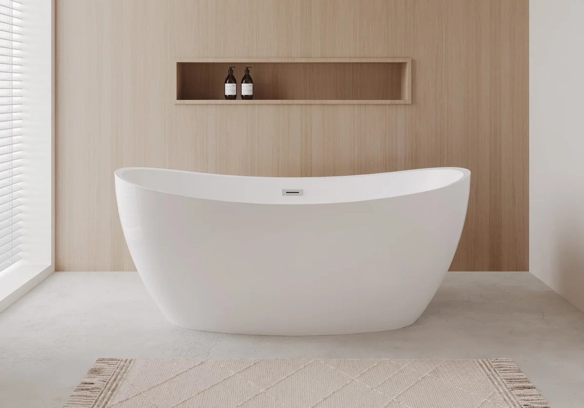 Modern Fitting 66 Inch Freestanding Bathtub in White with Floor Mounted Faucet, Drain and Overflow Trim Options and Hardware Options