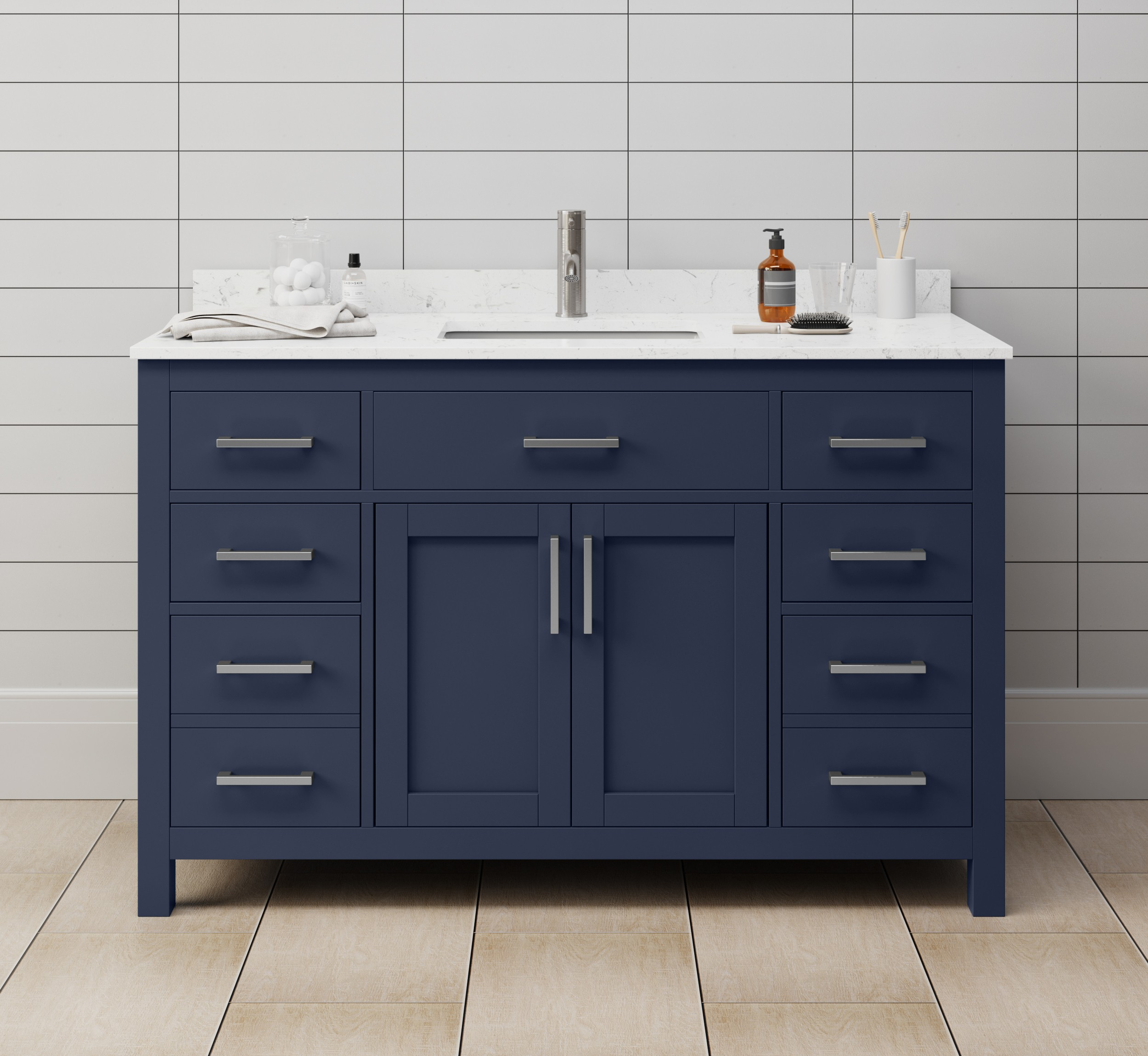 54 Inch Single Bathroom Vanity in Dark Blue with Color Options, Countertop, Undermount Square Sink and Hardware Options