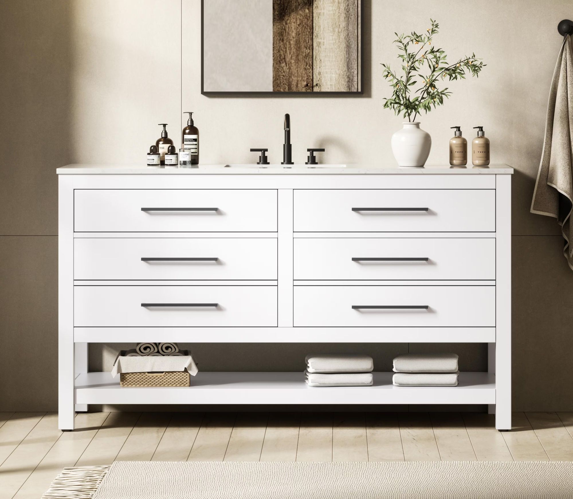 Modern Fitting 60" White Bathroom Vanity in White with 4 Color Options