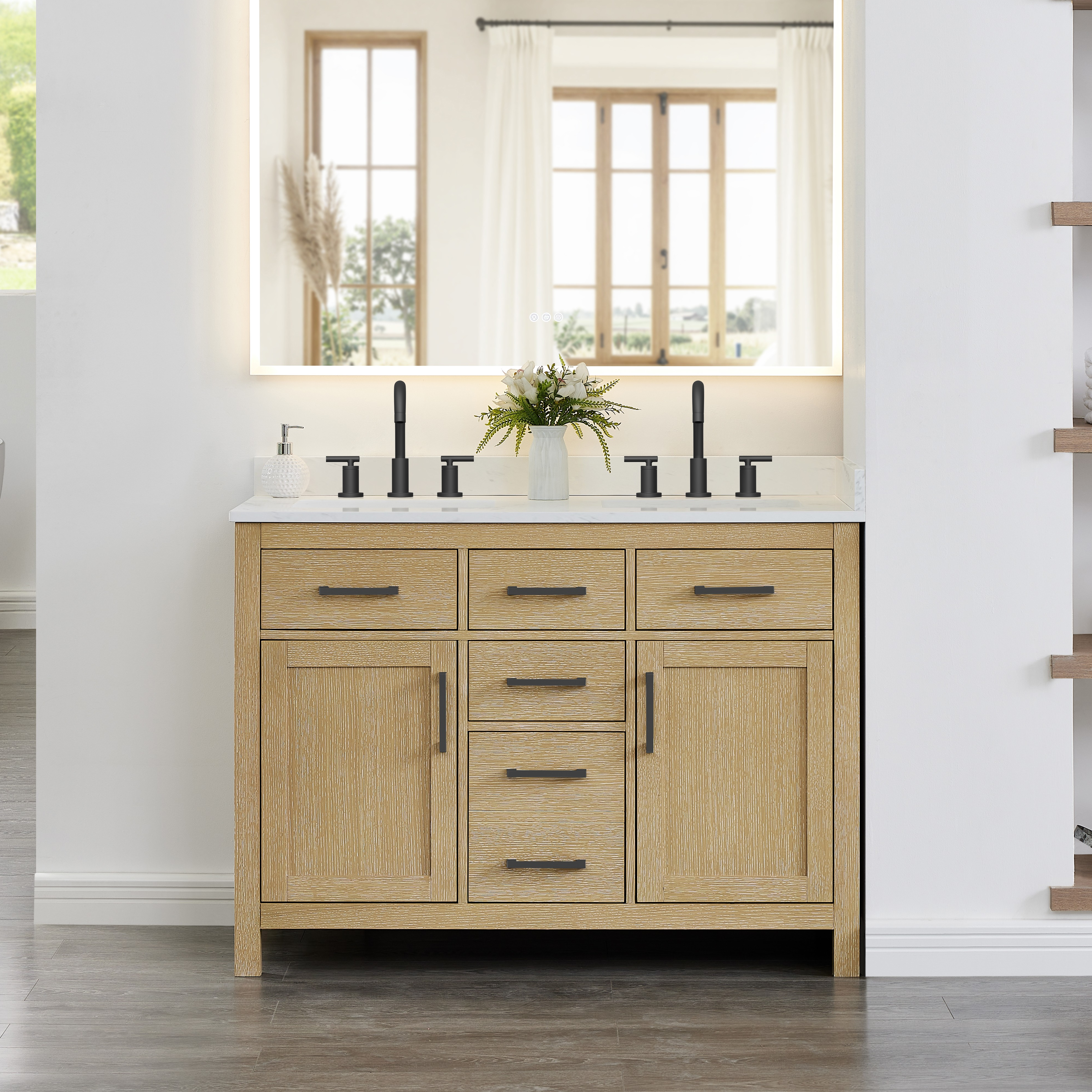 48 Inch Double Bathroom Vanity in Whitewashed Oak, Matte Black Trim with 3 Hardware Options and Countertop Options