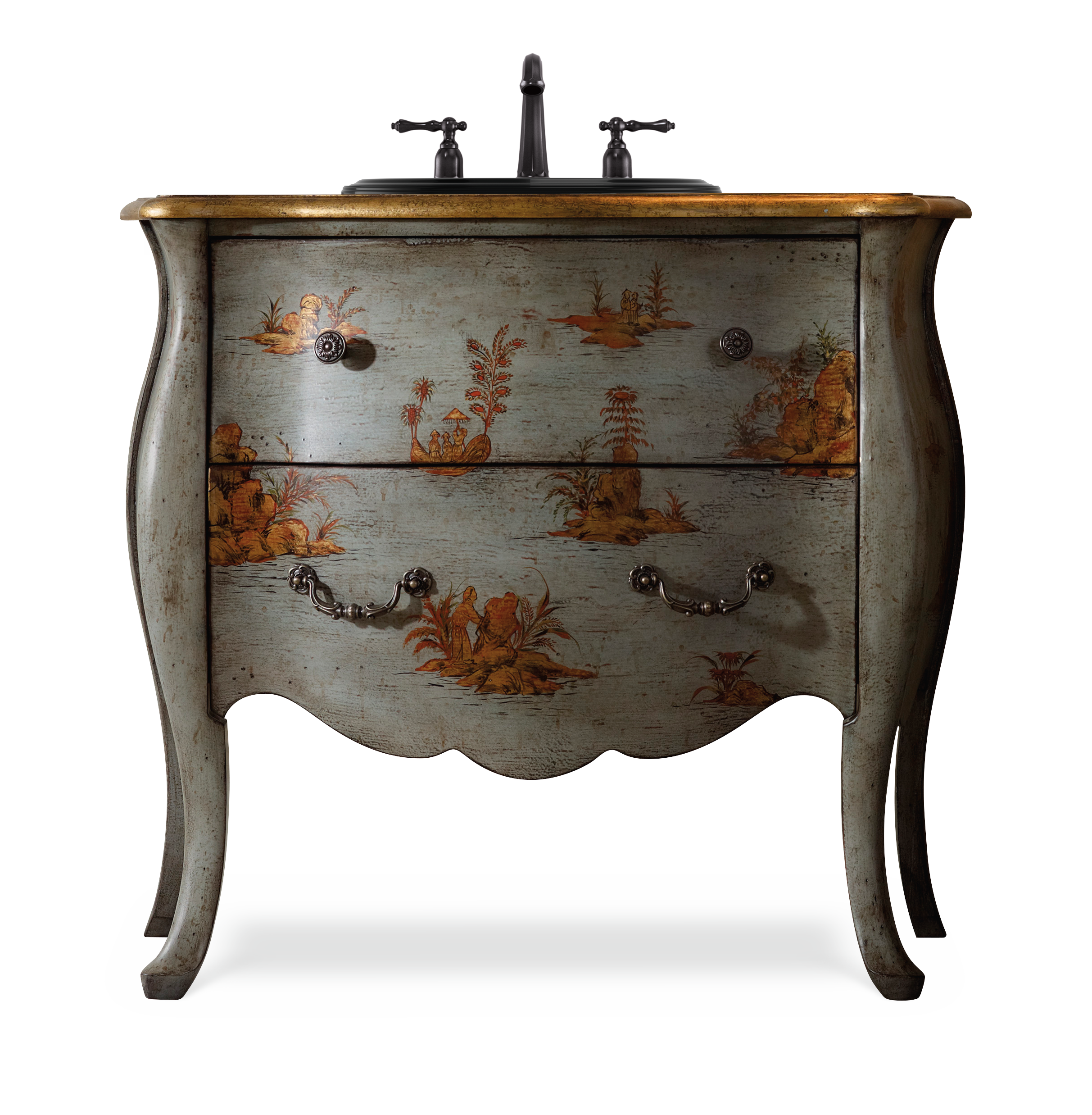 37" Hannah Bombe Chest Soft Antique Blue Hardwood Solids With Handpainted Gold Bathroom Vanity