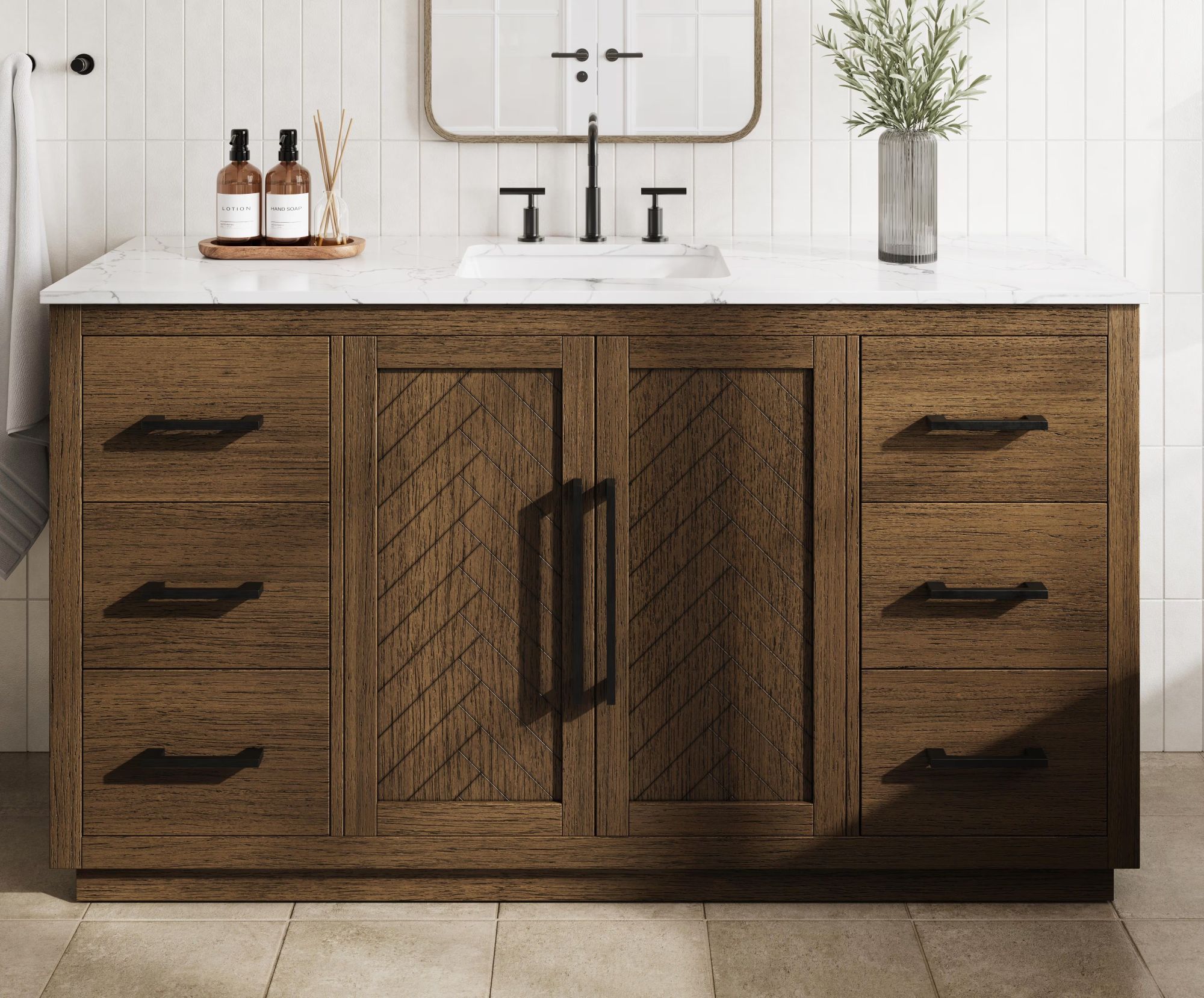Modern Fitting 60 inch Single Bathroom Vanity in Hazel Oak with 5 Finish Options