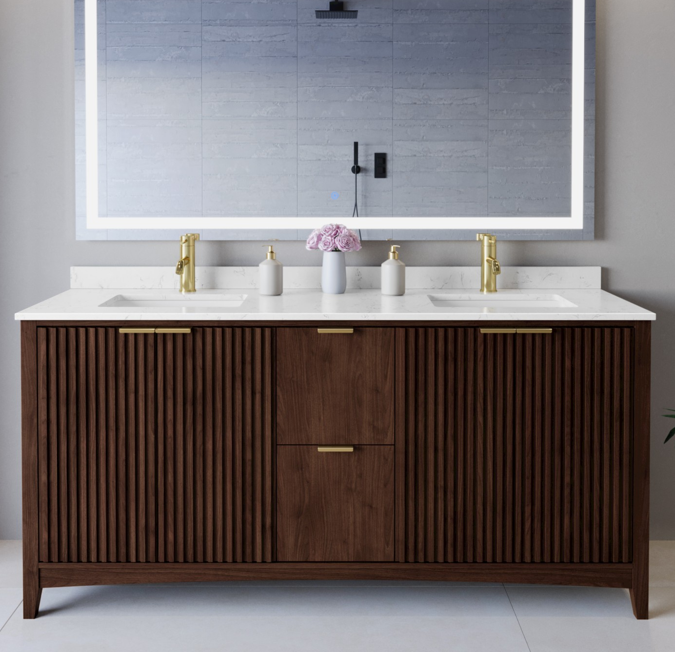 72 Inch Double Bathroom Vanity in Dark Walnut, Brushed Gold Trim with 3 Hardware Options and Countertop Options