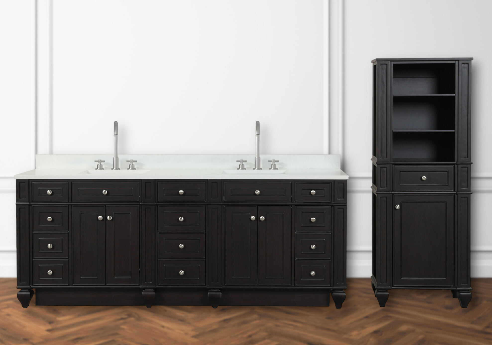 Traditional 84" Double Sink Vanity with 0.75" Thick White Quartz Countertop in Espresso Finish 