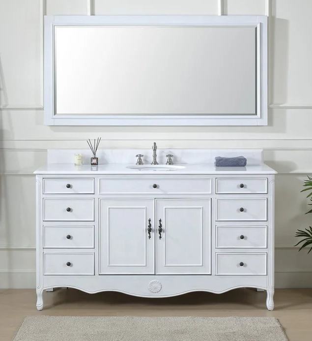 Adelina 60" Distressed Antique White Single Sink Cottage Style Bathroom Vanity with Backsplash and Mirror Options