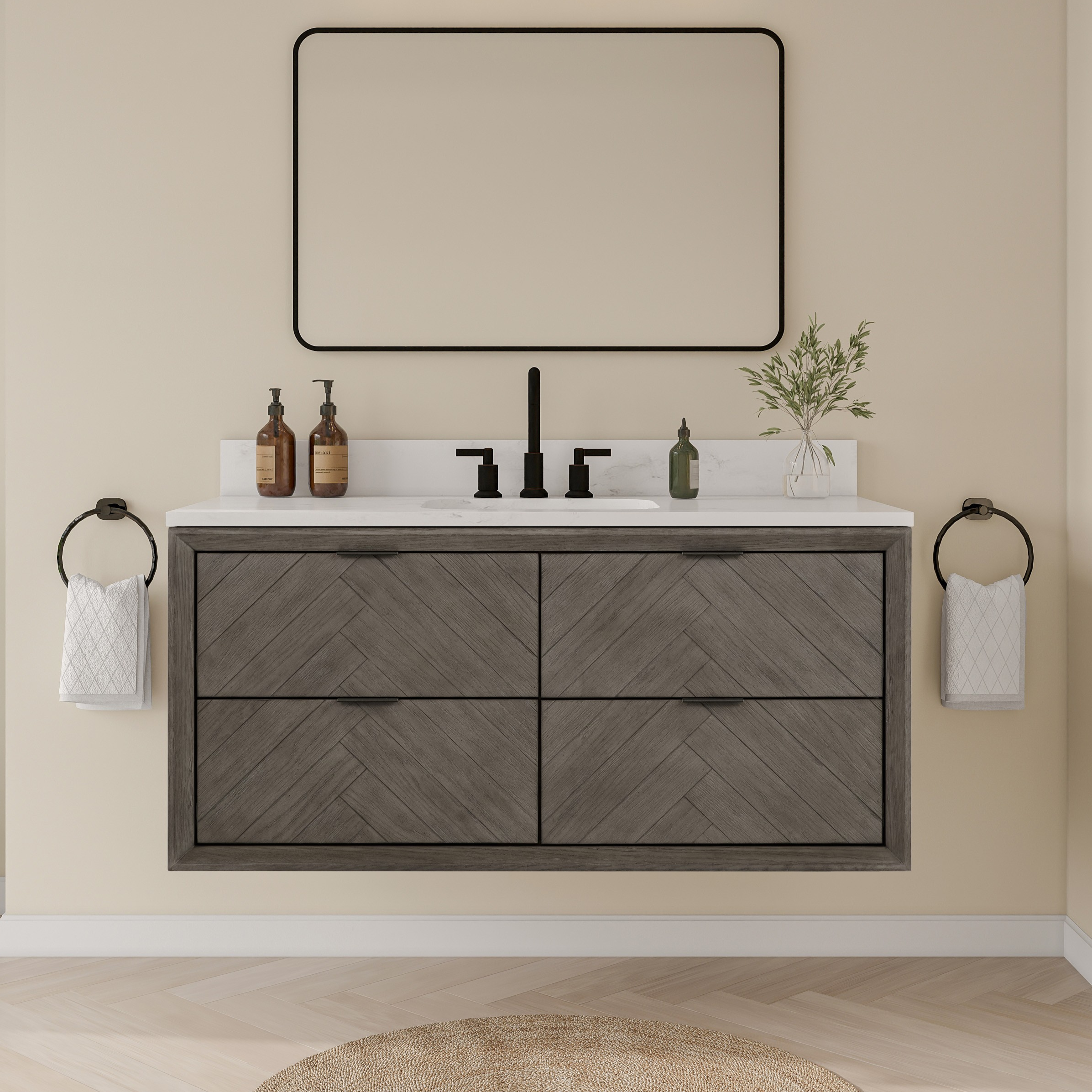 Issac Edwards Rustic Modern 48" Bathroom Vanity in Grey Oak with 1" Thick White Stone Top