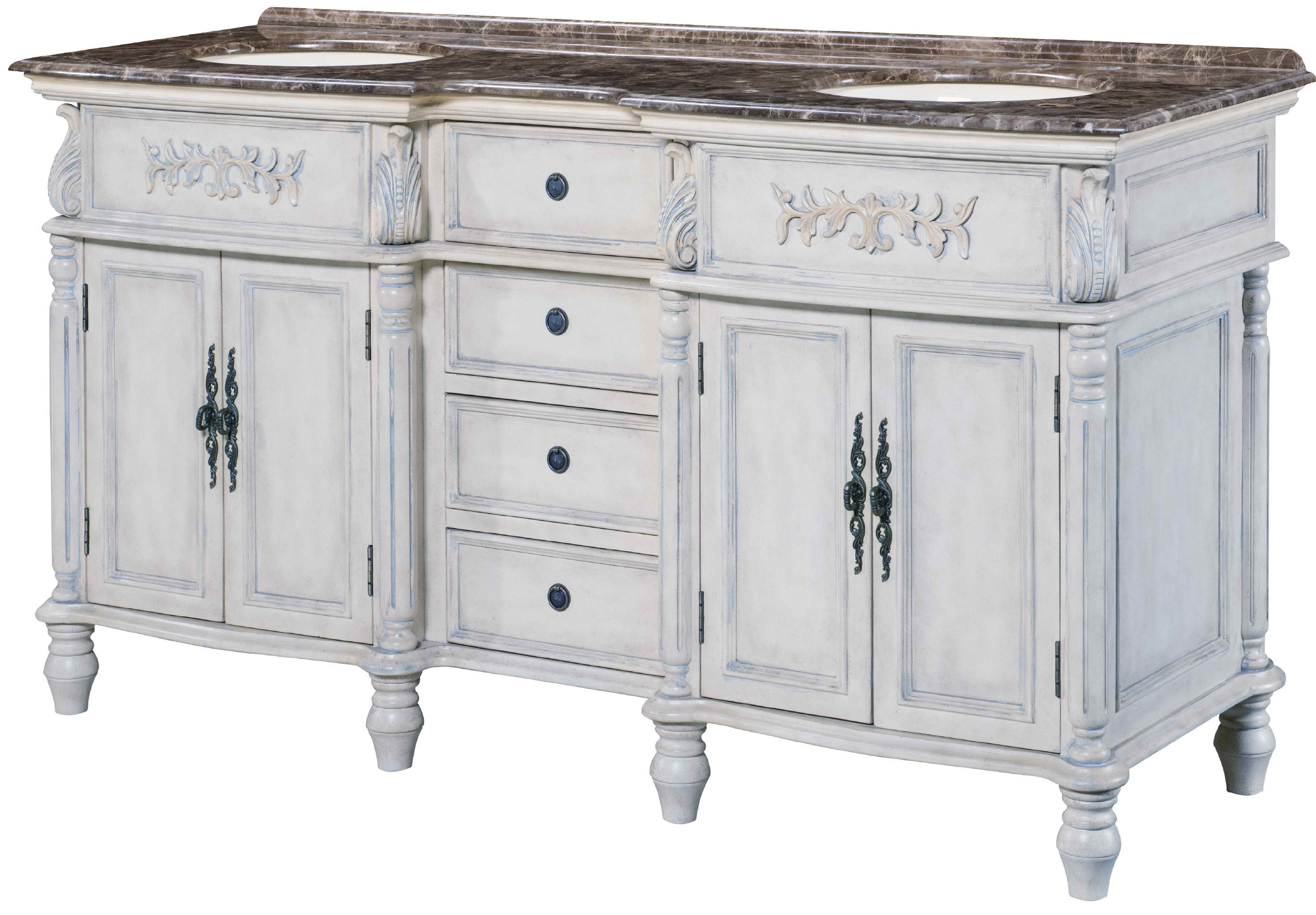 67" Antique White Double Sink with Emperador Marble Top Light Finish Vanity