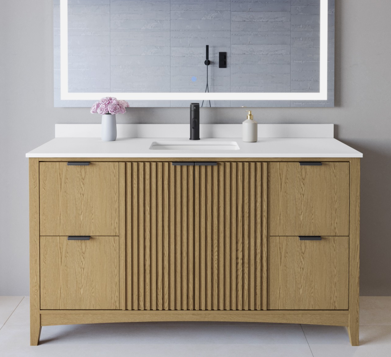 60 Inch Single Bathroom Vanity in Natural Oak, Matte Black Trim with 3 Hardware Options and Countertop Options