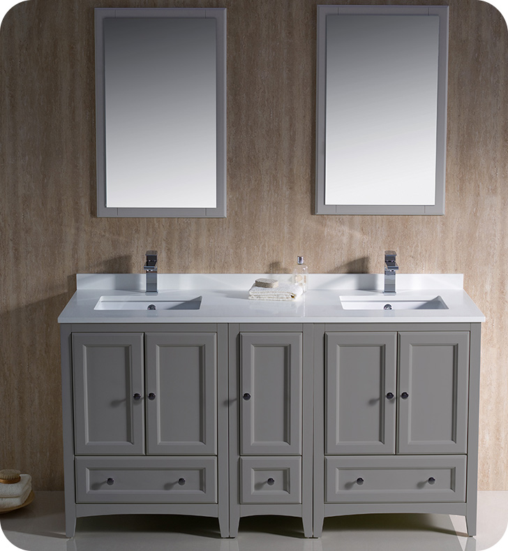 60" Grey Traditional Double Sink Bathroom Vanity with Top, Sink, Faucet and Linen Cabinet