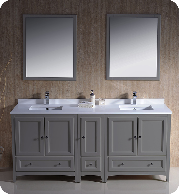 72" Grey Traditional Double Bathroom Vanity with Top, Sink, Faucet and Linen Cabinet Option