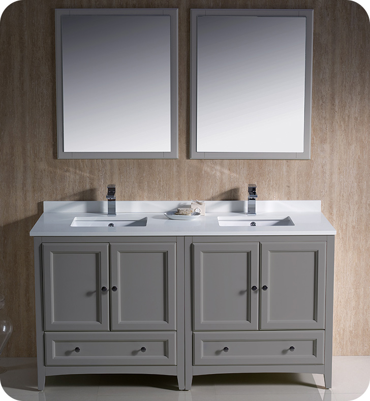 60" Grey Traditional Double Bathroom Vanity with Top, Sink, Faucet and Linen Cabinet Option