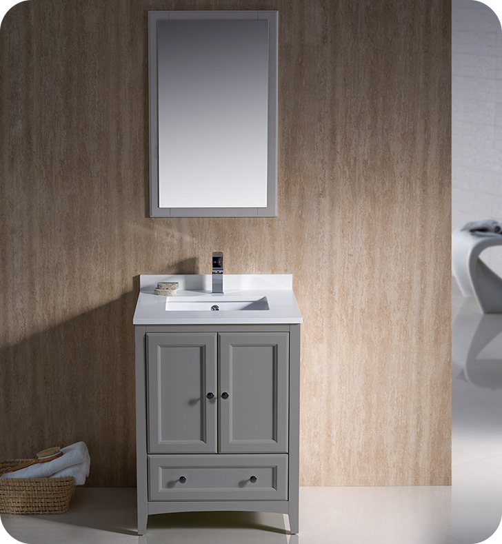 24" Grey Traditional Single Bathroom Vanity with Top, Sink, Faucet and Linen Cabinet Option