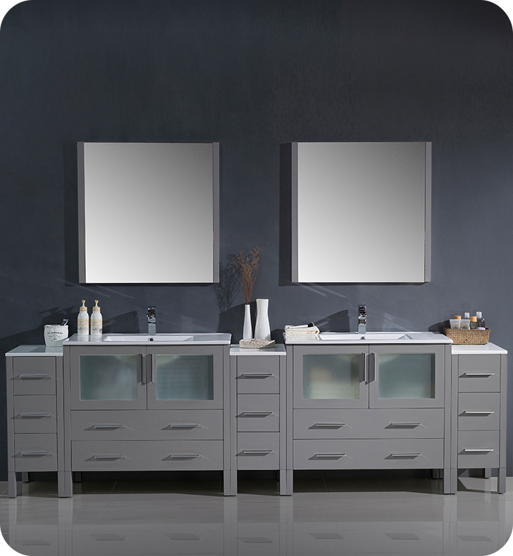 108" Modern Double Sink Bathroom Vanity with Color, Faucet, Linen Side Cabinet and Vessel Sink Option