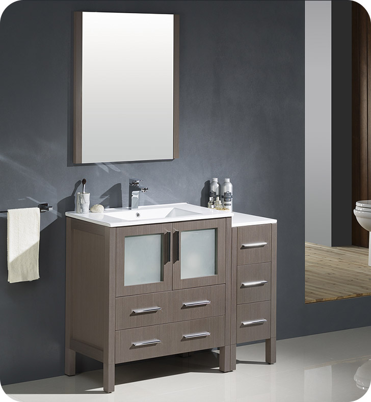 42" Gray Oak Modern Sink Bathroom Vanity with Faucet and Linen Side Cabinet Option