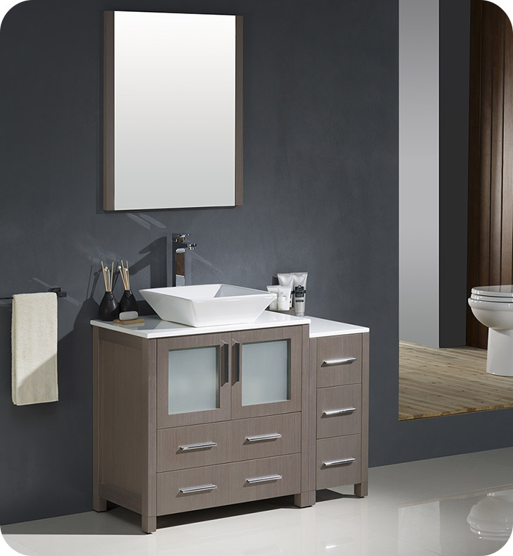 42" Gray Oak Modern Bathroom Vanity Vessel Sink with Faucet and Linen Side Cabinet Option
