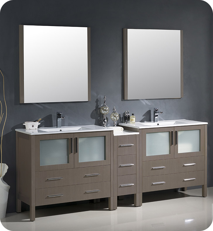 84" Gray Oak Modern Double Sink Bathroom Vanity with Faucet and Linen Side Cabinet Option